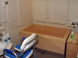 木製の浴槽が設置された浴室の壁にはたくさんの手すりが付き、シャワーチェアが置かれ、シャンプーなどもある。