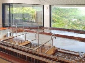 大きな浴槽が二つ設置された大浴場には大きな窓があり、窓の外には自然豊かな風景が広がっている。