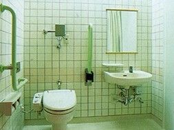 両側に手すりがついた市背うtのトイレの様子。すぐそばに洗面台があるスペース