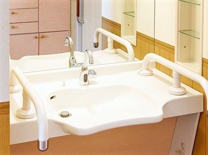 車いす対応の洗面所には大きな鏡と両サイドに手すりが付いている。