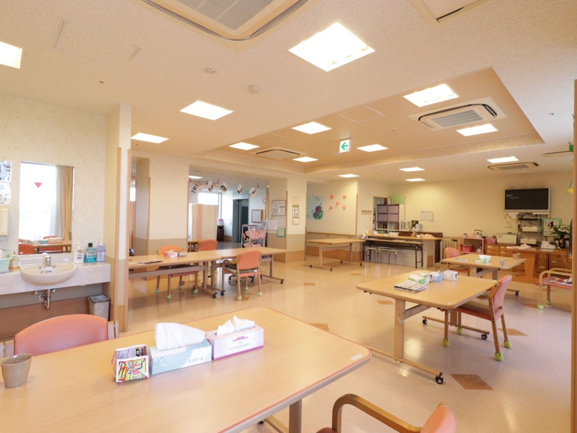 洗面台が備え付けられた開放的なリビングである。各テーブルの上にはティッシュが用意されており、壁にテレビが設置されている。