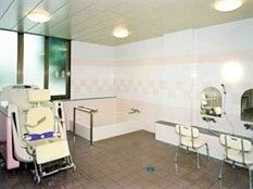 車いすのまま入れるタイプの浴槽設備。奥のほうに個別浴槽が見えている写真