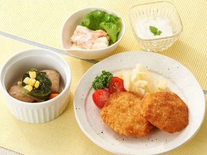 おかず類が並べられている様子。施設内の食事のメニュー例