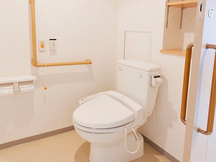 引き戸を開けるとトイレがあり、壁にはトイレットペーパーホルダーやオレンジの呼び出しボタンも付いている。