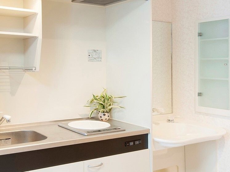 右側には鏡や収納棚が付いた車いす対応の洗面所があり、左側にはIHクッキングヒーター付きのキッチンがある。