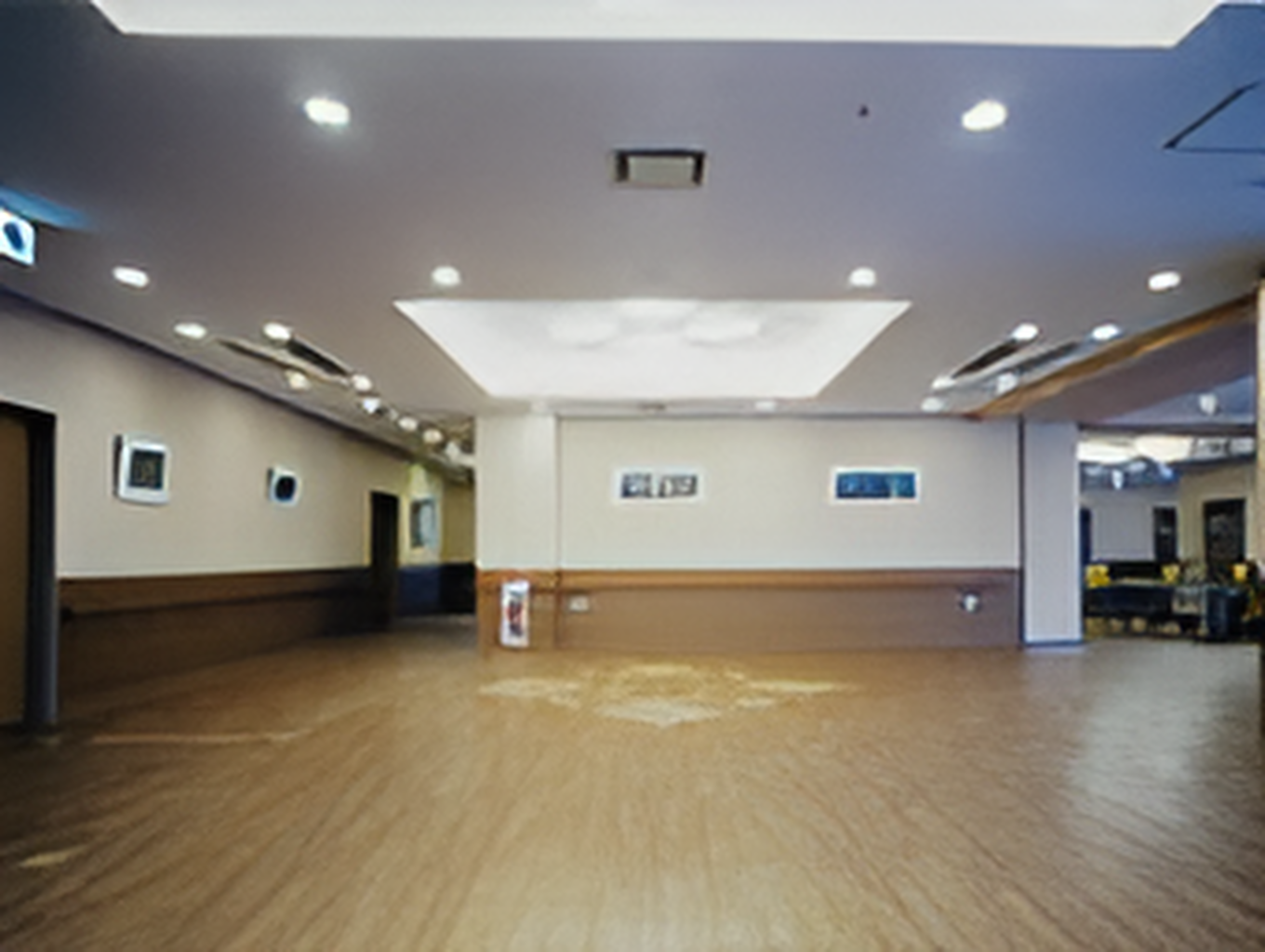 家具などは何も置かれていない広いホール。壁には絵画のようなものが飾られている。