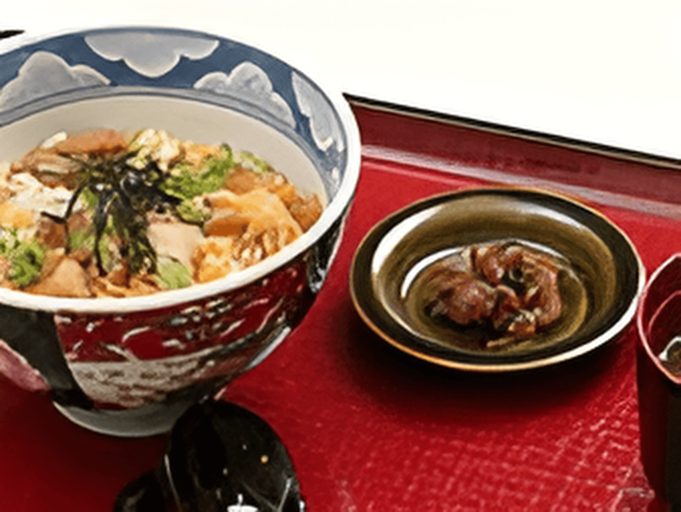 ネギやたまごや海苔をのせたどんぶりご飯と漬物