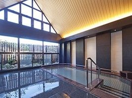 ガラス張りの壁から光が降り注ぐ浴室には大きな湯船があり、手すりや階段が設置されている。