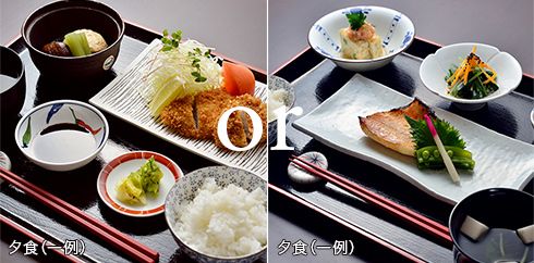 とんかつがメインのメニューと、葉生姜をのせた焼き魚がメインのメニュー