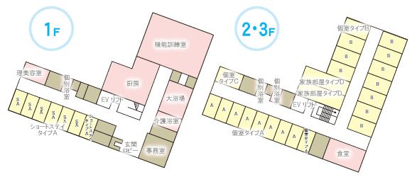 介護付有料老人ホーム 四つ葉のクローバーの1～3Ｆのフロアマップ