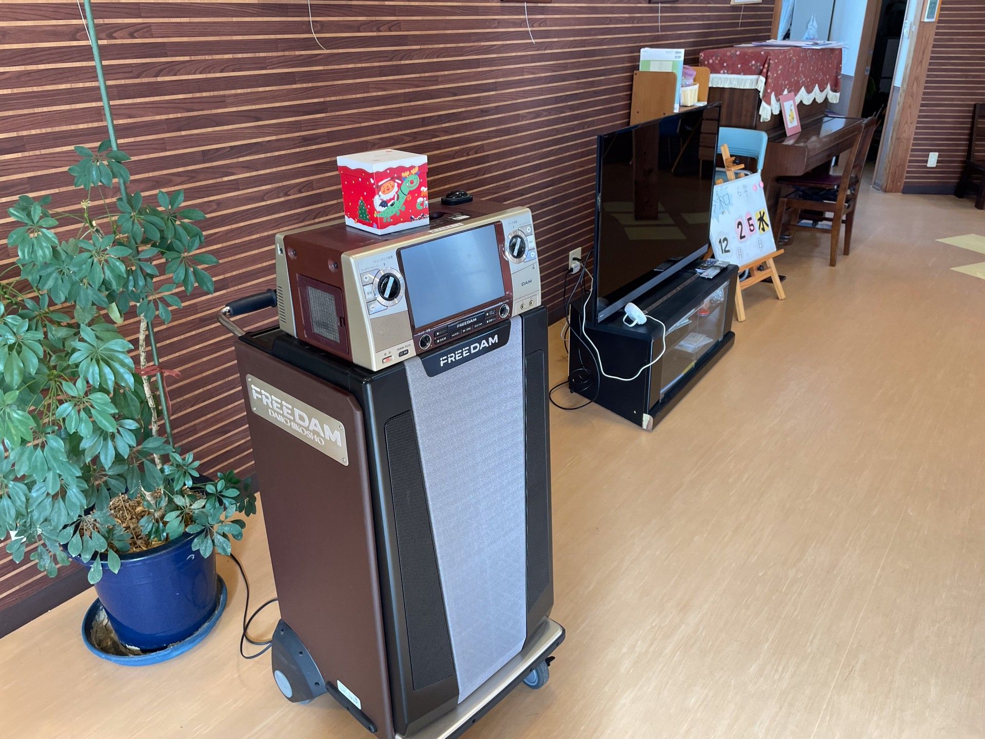 カラオケ機器とテレビのある部屋