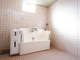 介護式浴槽を写した写真。座った姿勢を保てるタイプの介護浴槽