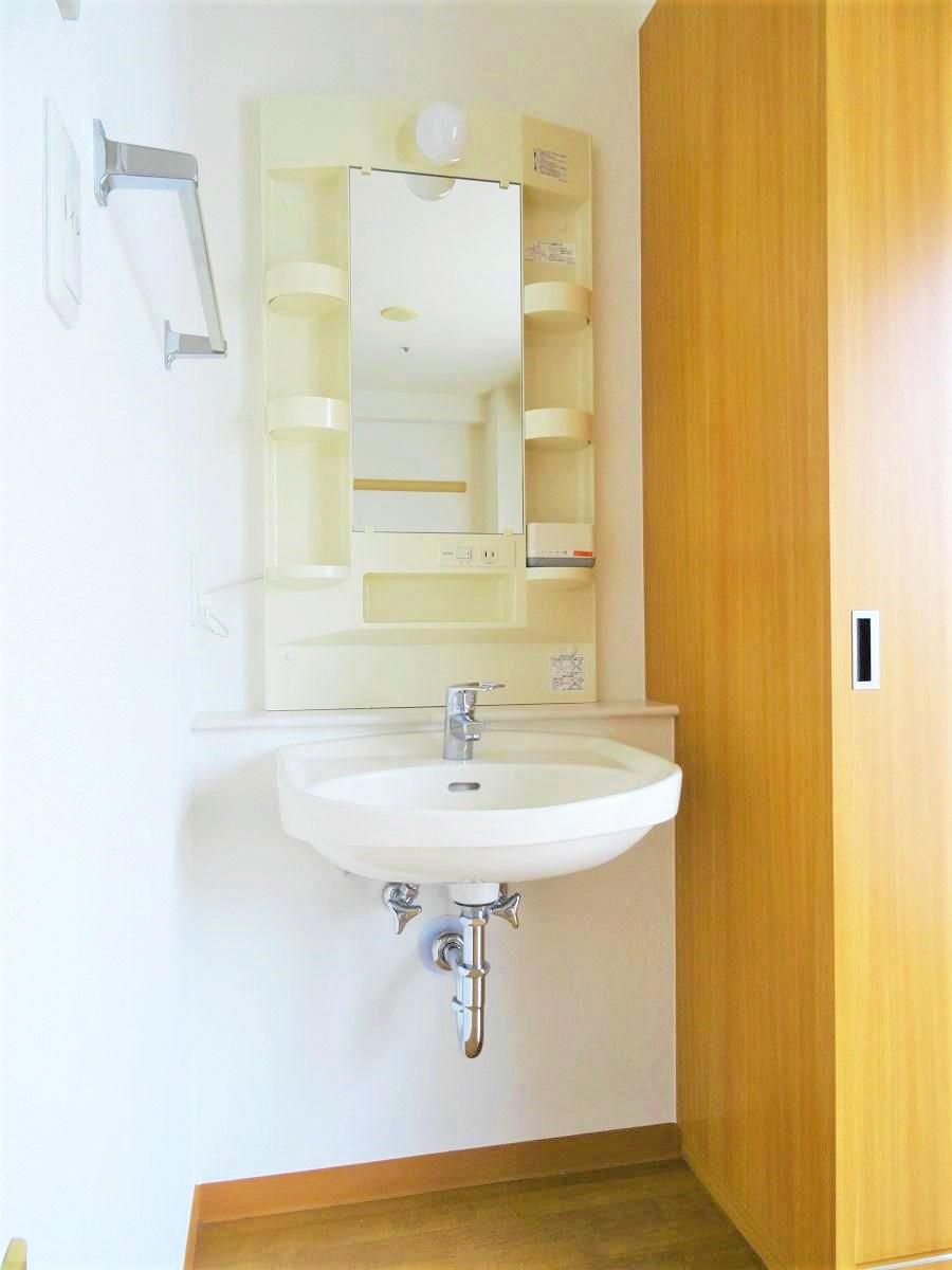 洗面用具や小物を置くことができる棚と、鏡、照明が付いている洗面台