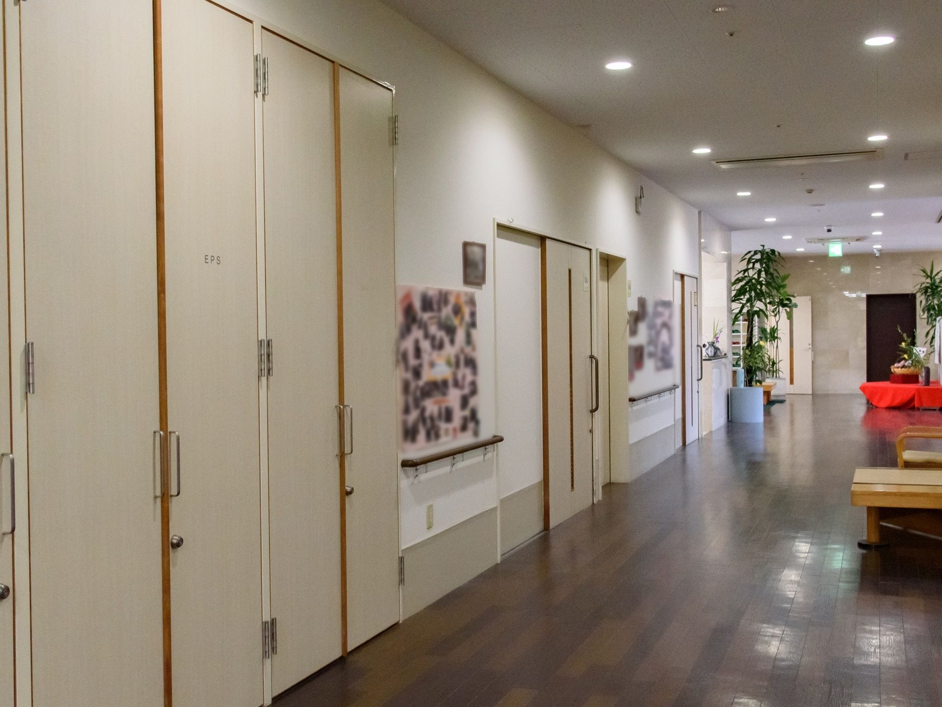 ダークブラウンのフローリングに白い壁の通路が伸びている。個室に通じる引き戸がある。観葉植物やベンチが置かれている。