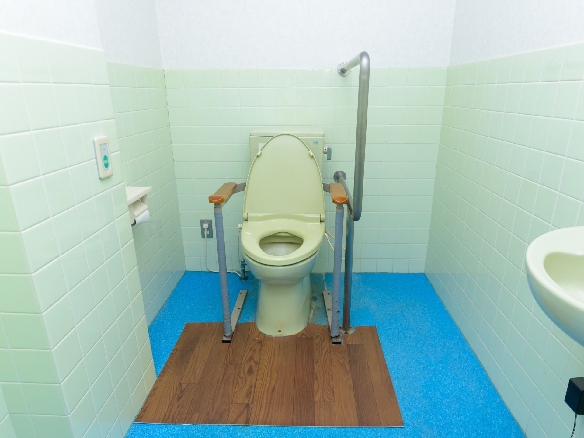緑色のタイル貼りの壁に囲まれたトイレに、緑色の便器が設置されている。手前に敷かれたビニール素材のマットは木目調である。