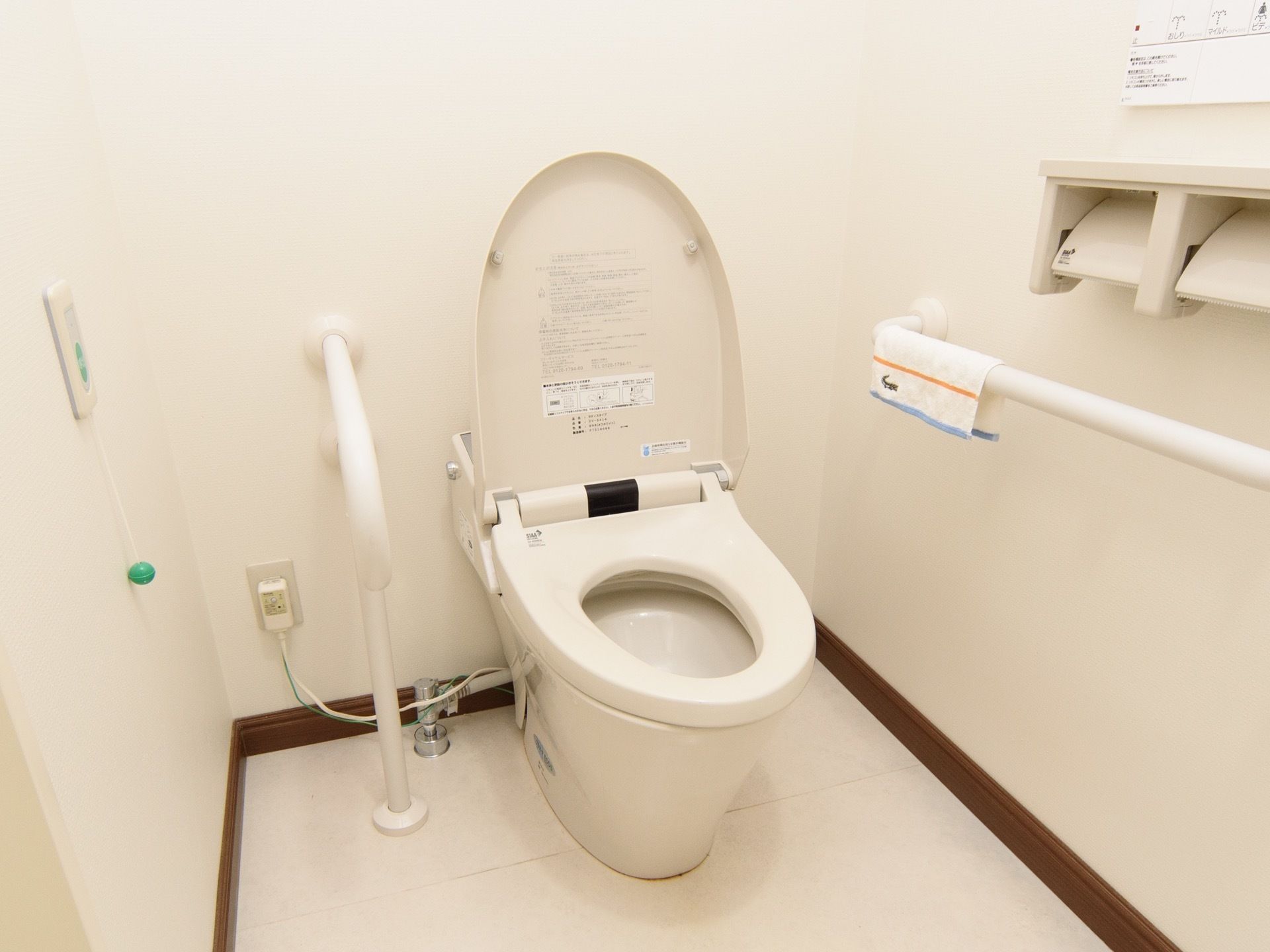 便器の真横と壁に手すりがあり、立ち座りと歩行の動作を助けている。床に物がなく、シンプルな造りで移動がしやすい。