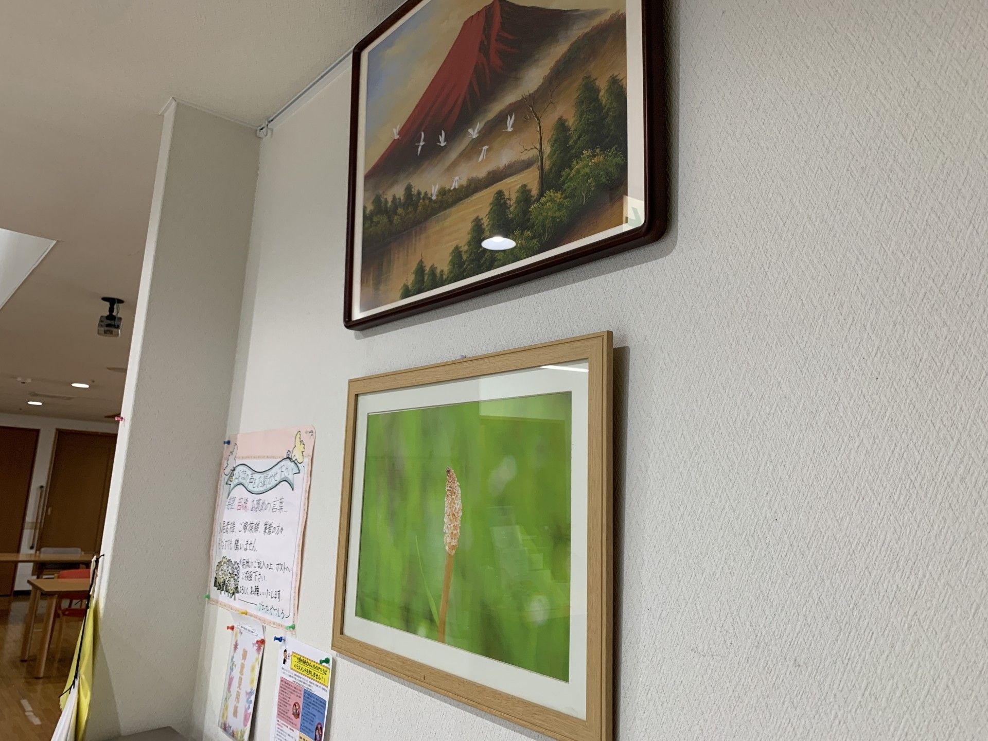 壁に飾られた絵画と掲示物