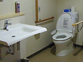 トイレの両サイドに手すりが設置され、スペースが広く、車いす対応の手洗い場も付いている。