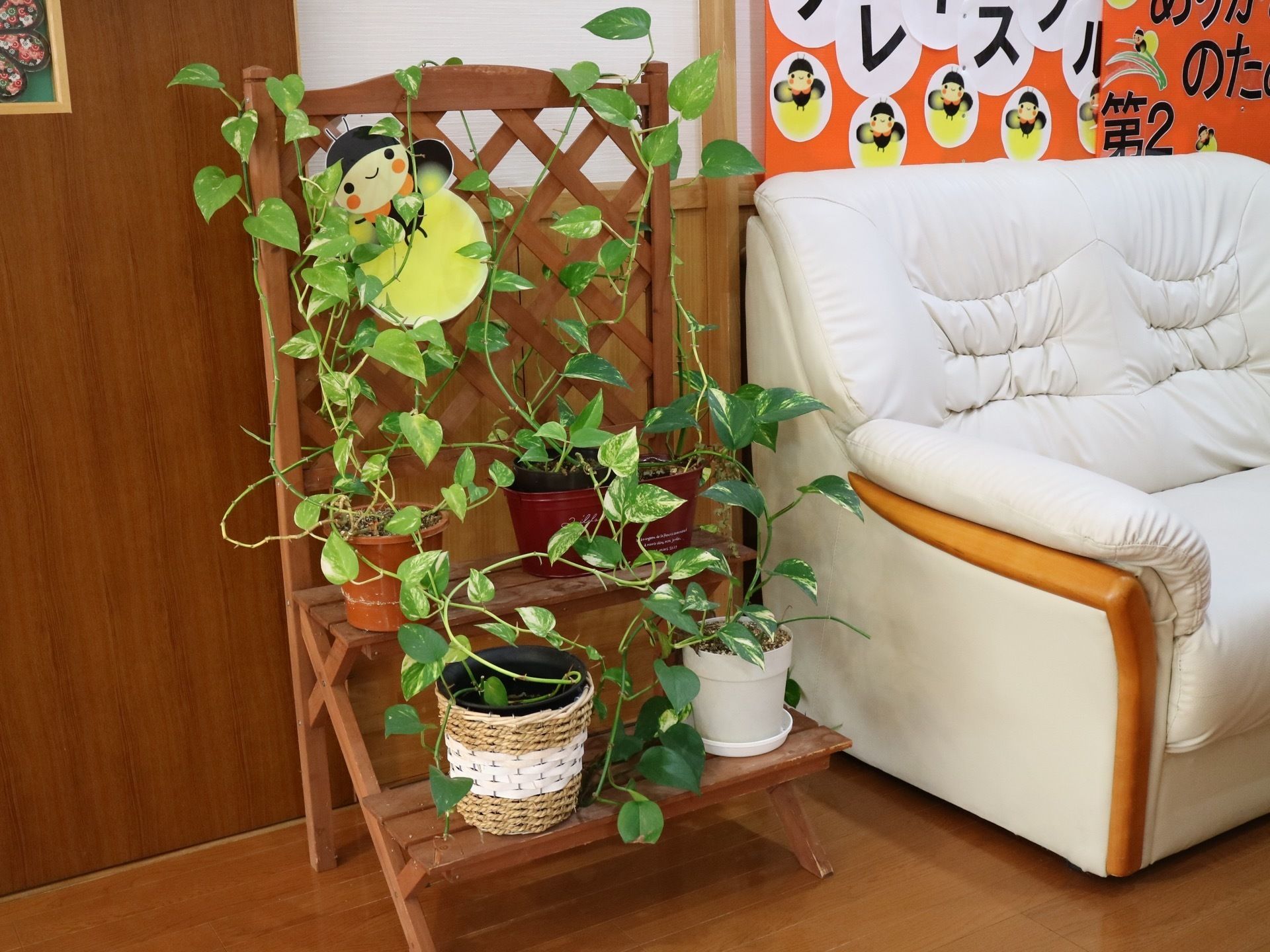 廊下のソファースペースには、緑鮮やかな観葉植物が数個置いてある。ツタを後ろのフェンスに絡ませて、うまく飾っている。