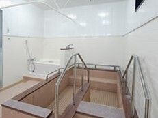 手すり付きの階段が設置された大きな浴槽が手前にあり、奥には一人用の浴槽が設置されている。