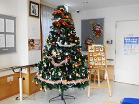「エスペランサ南小岩」のクリスマスツリー。木の天辺に星が輝いている。