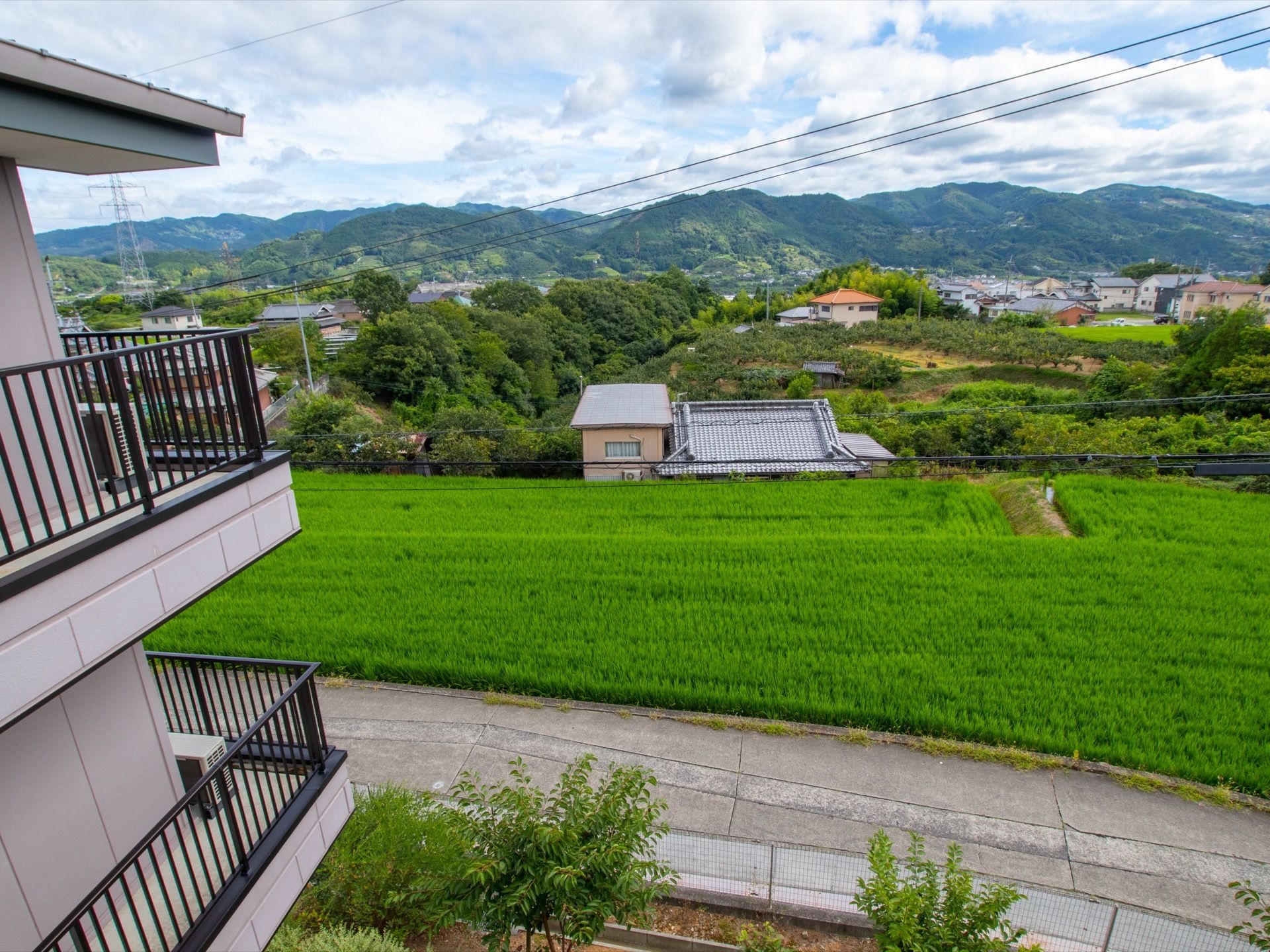 施設の高層の窓から緑豊かな周辺の景色を臨むことができる。すぐ手前には田園が広がっているほか、視界の奥には雄大に連なった山々が見える。