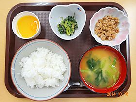 納豆、ほうれん草のおひたし、ご飯と味噌汁が付いた和食