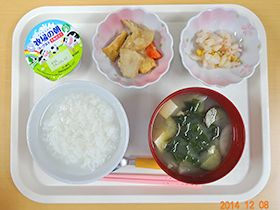 煮物とサラダ、ご飯と味噌汁にヨーグルトのデザートが付いた献立