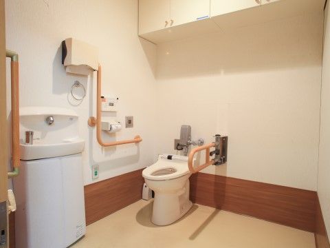 「応援家族 足立」のトイレ。可動式の手すりを設けている。
