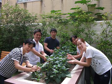 植物の世話をする笑顔の集い