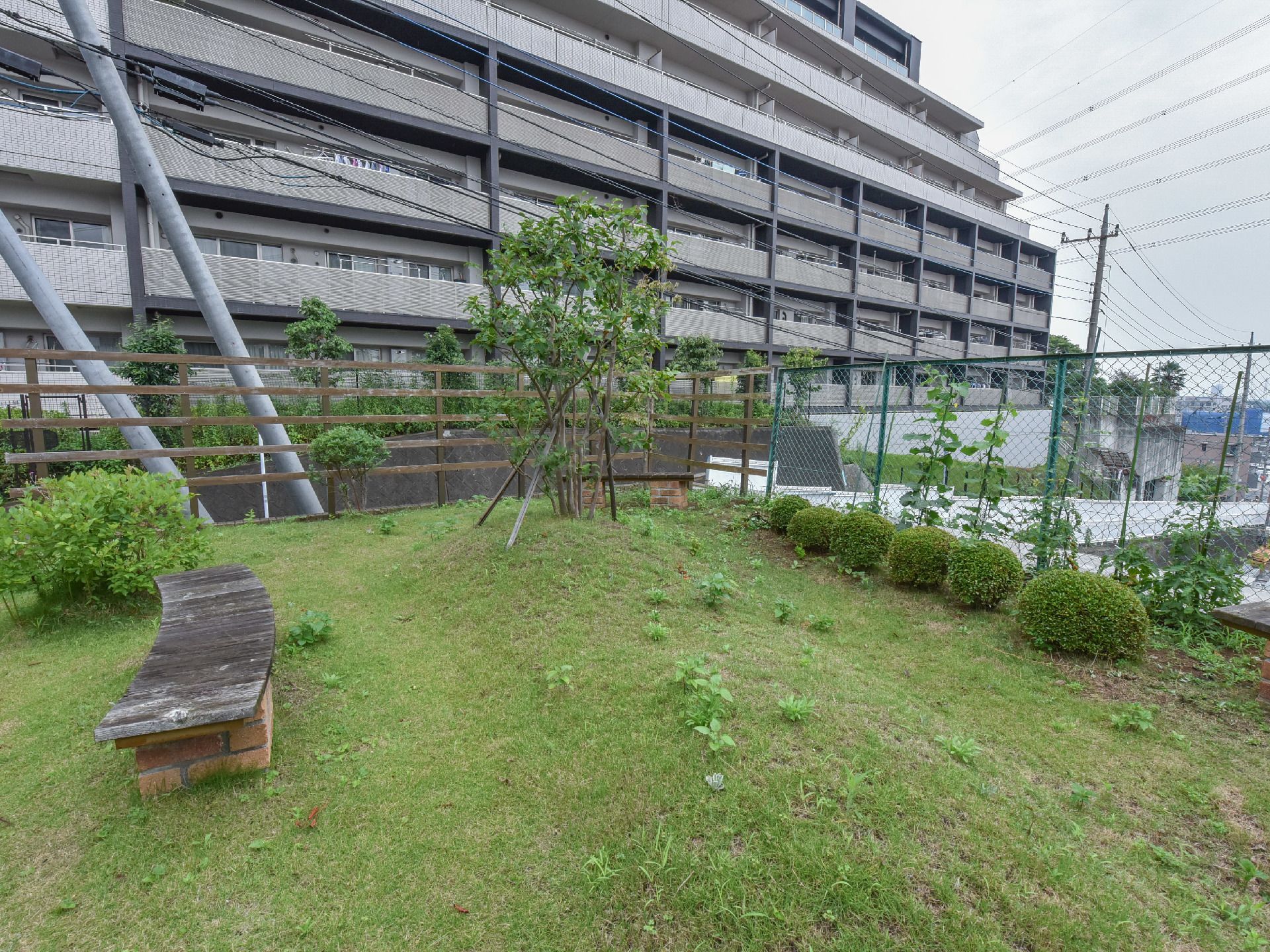 4階建ての建物の前にある公園である。格子状のグリーン色のフェンスがある。丸く刈られた植木が6つある。