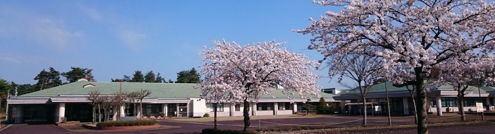 桜並木と施設の外観