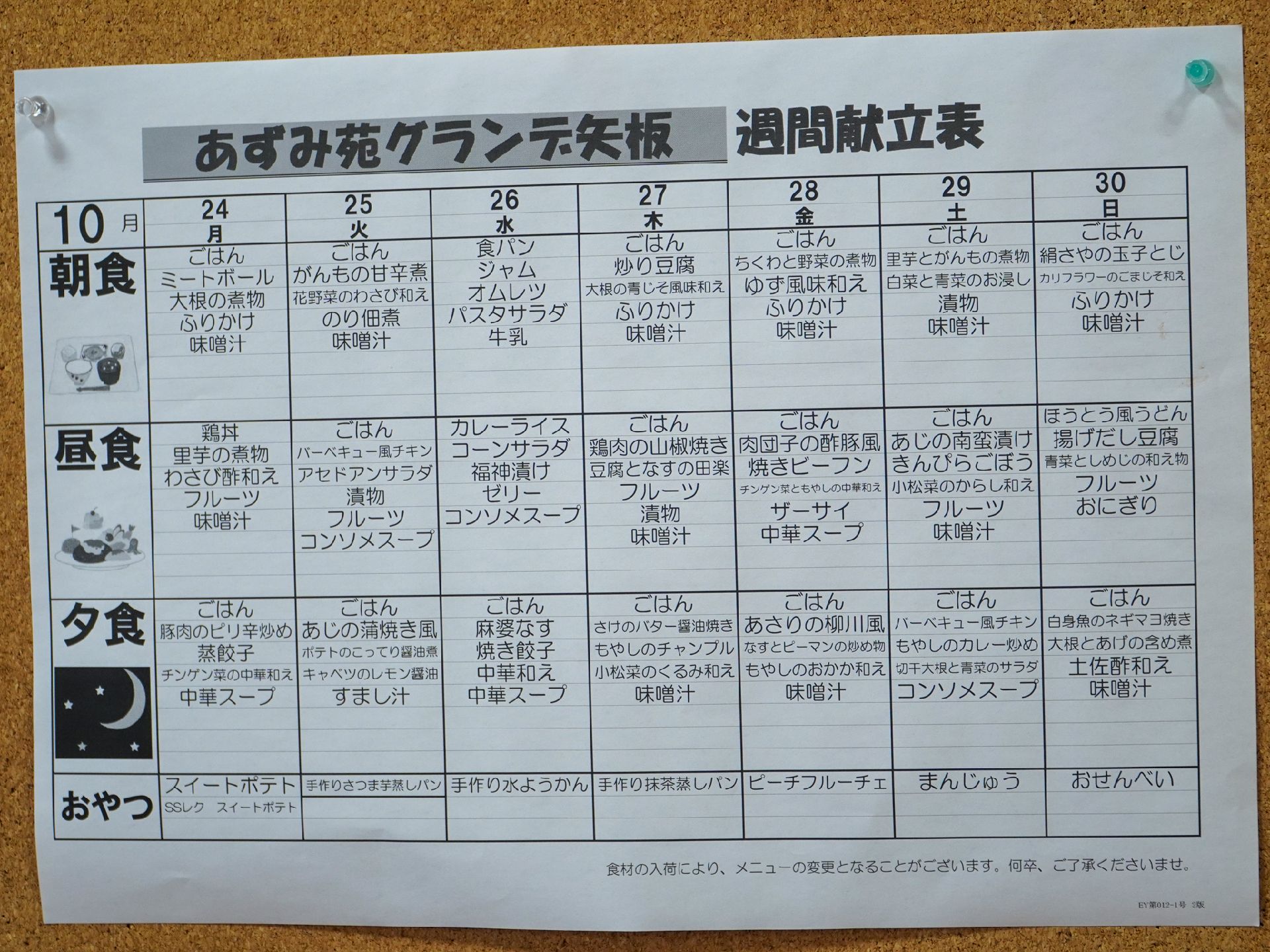 １週間分のメニューが記載されている献立表