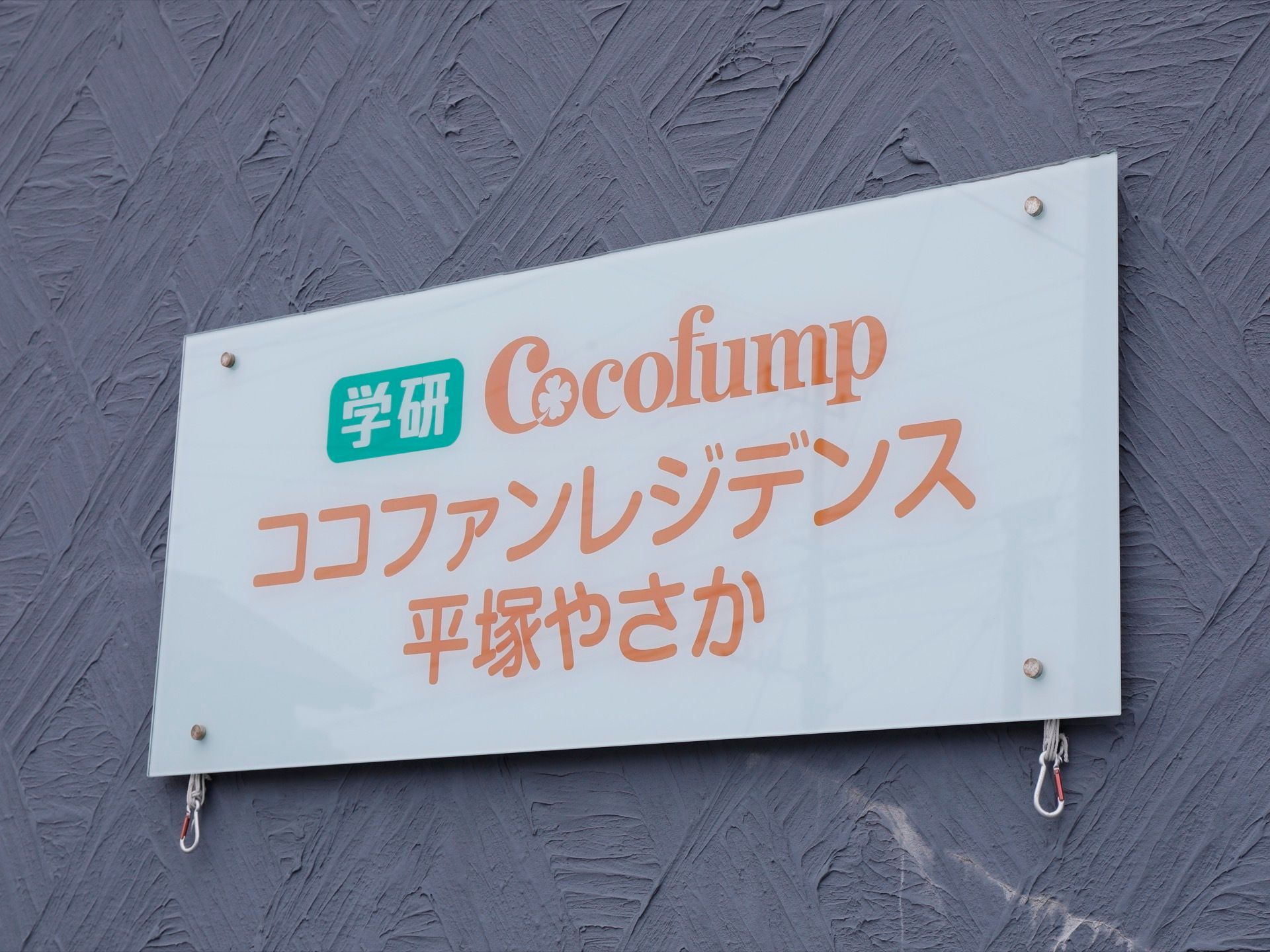 白いプレートに施設名がパステルオレンジの色で書かれ、模様塗りしたグレーの壁に、四隅を金具で打ち付けてある。