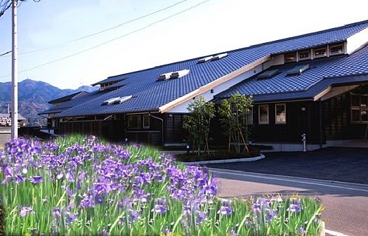 青い屋根の建物と紫の花