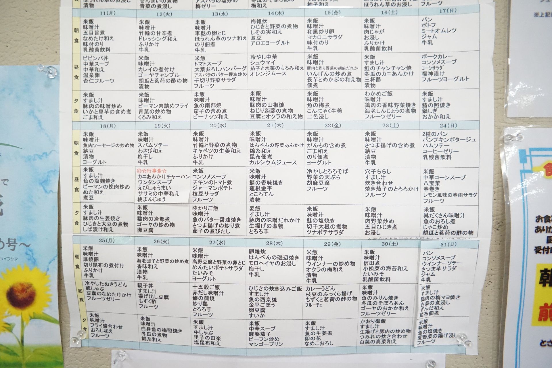 壁に掲載されている献立表