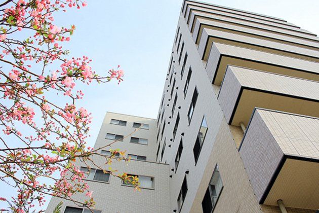桜と共に春の施設外観
