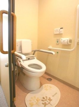 トイレの便座周辺には手すりが付いてある。便座には肘掛があるため、楽な姿勢で排泄することが可能である。