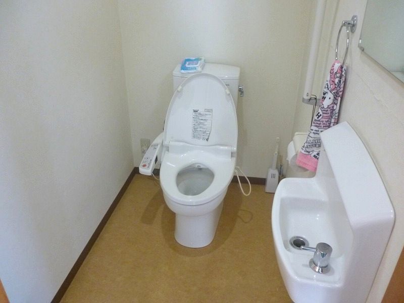 洗面台が備わったトイレである。便器には、温水洗浄便座が設置されている。壁には、I型手すりとタオル掛けが取り付けられている。