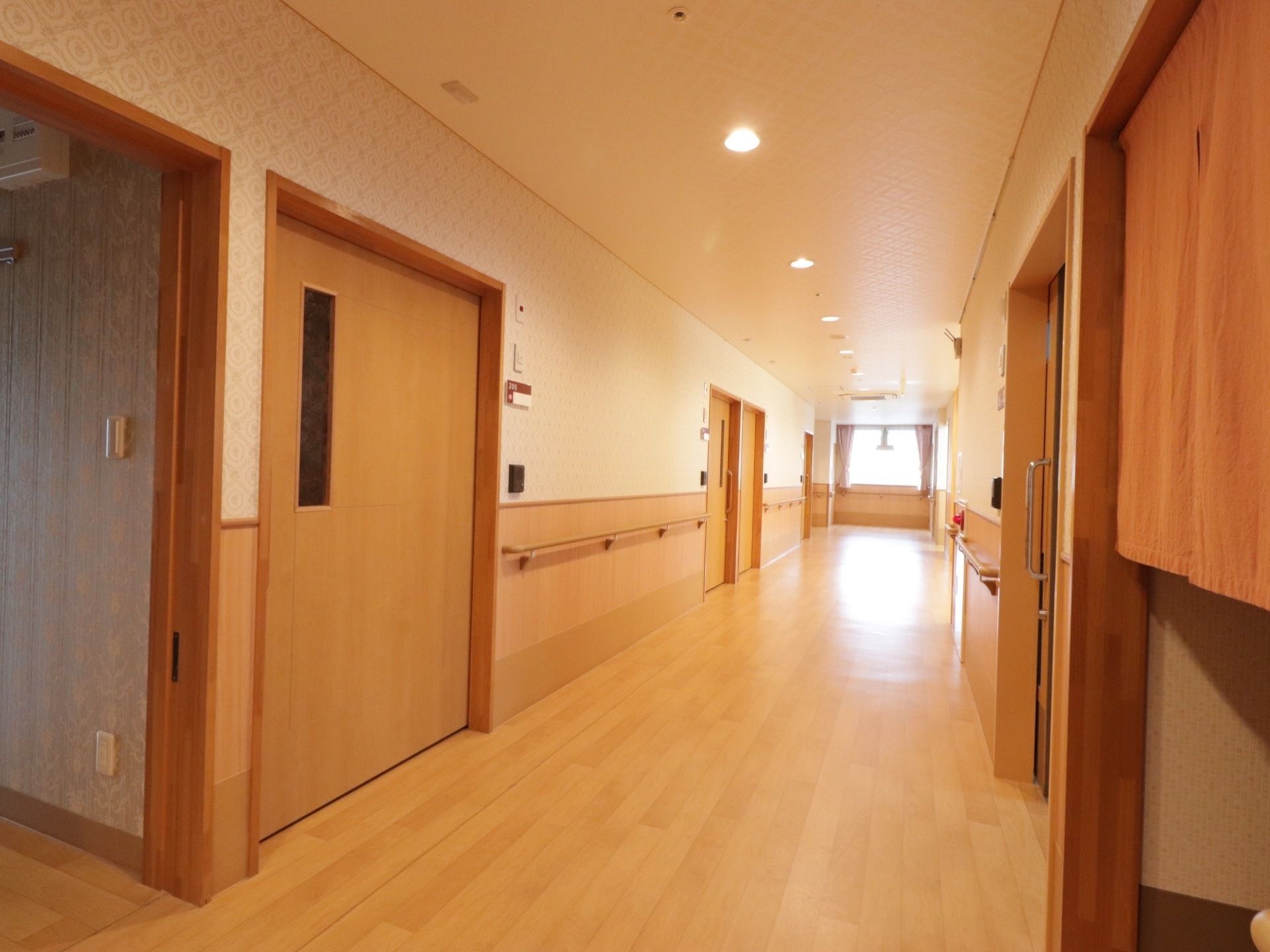 車椅子をご利用の方同士がすれ違うことができる広い通路である。大きい窓から明るい光が差し込んでいる。壁には手すりを設置している。