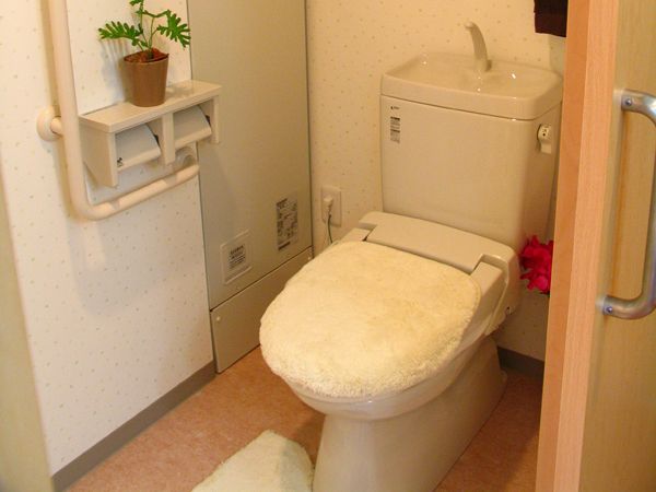 トイレには白いマットと、カバーがセットされている。トイレットペーパーホルダーの近くに、Ｌ字型の手すりが付いている。