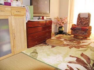 畳の上にラグマットが敷かれていて、座椅子が置いてある。小さなタンスがあり、その上にはテレビが設置されている。