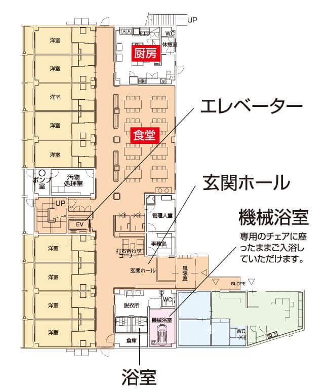 サービス付き高齢者向け住宅 ファースト都が丘の1階:食堂・浴室・居室のフロアマップ