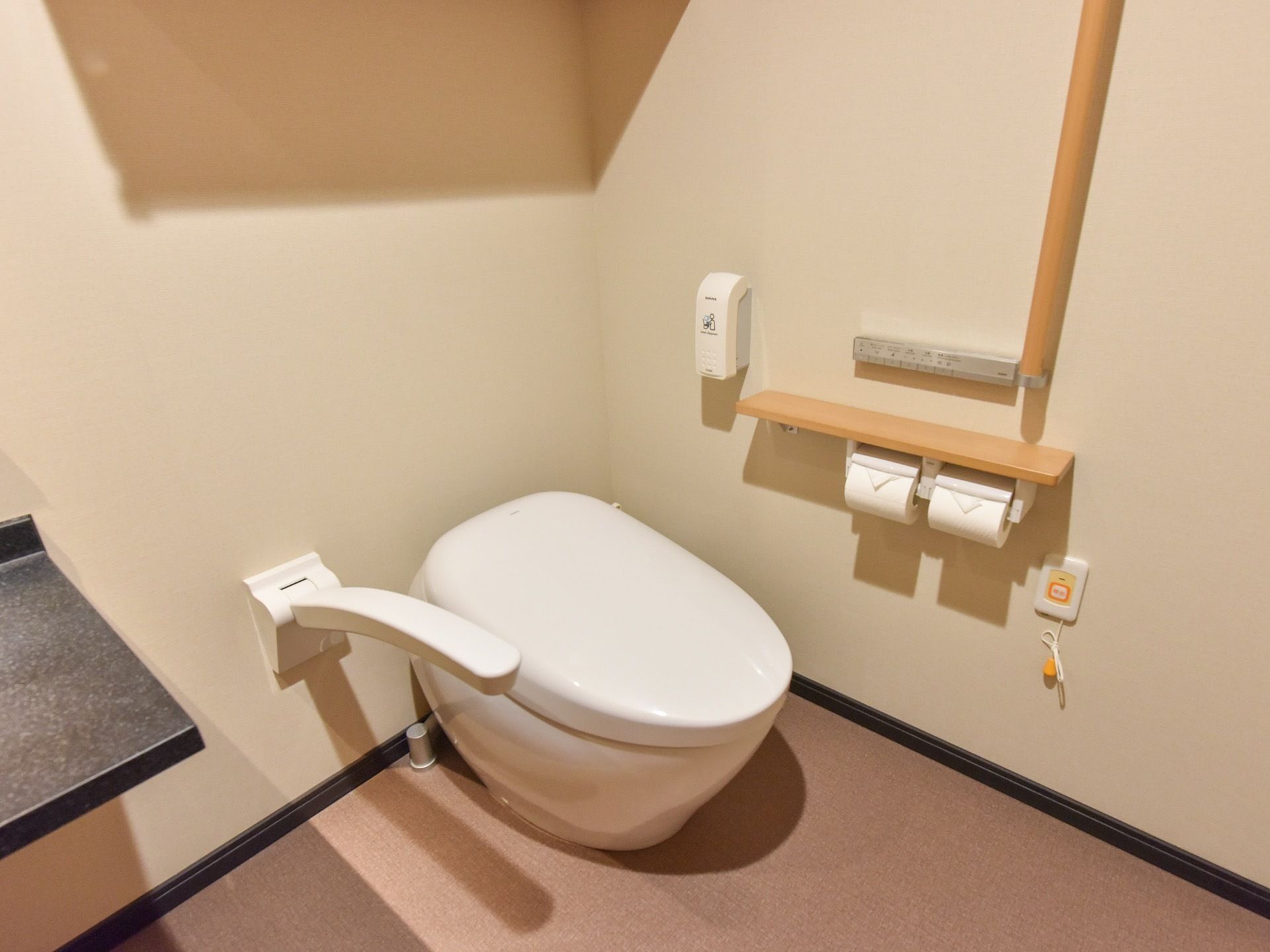 丸いフォルムのトイレの横などに、手すりが設置されており動作の補助になる。長いコードの呼び出しボタンもあり、安全性が高い。