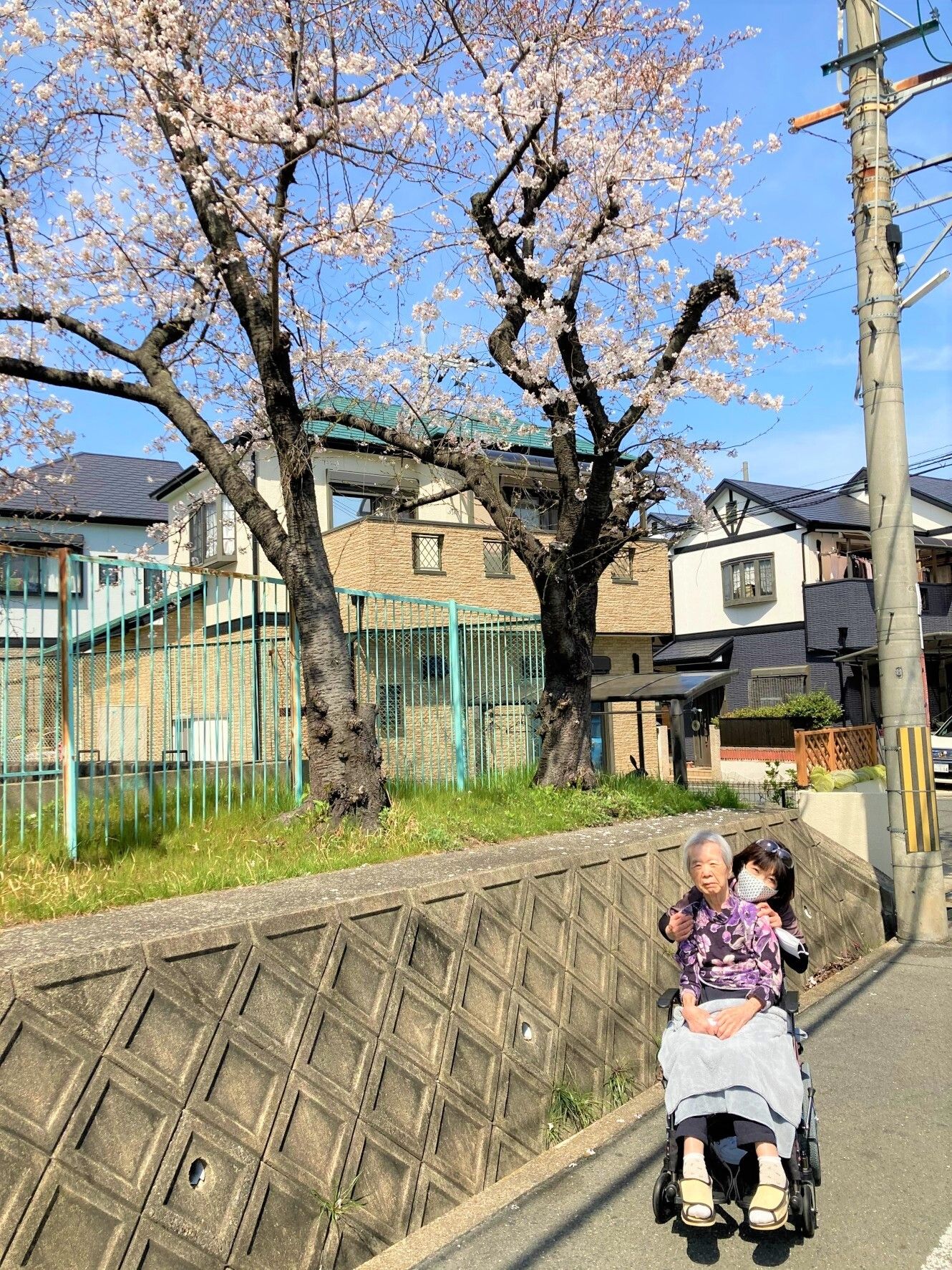 花が満開の木の下でこちらを向いている車椅子ご利用の女性と、後ろでかがむスタッフ