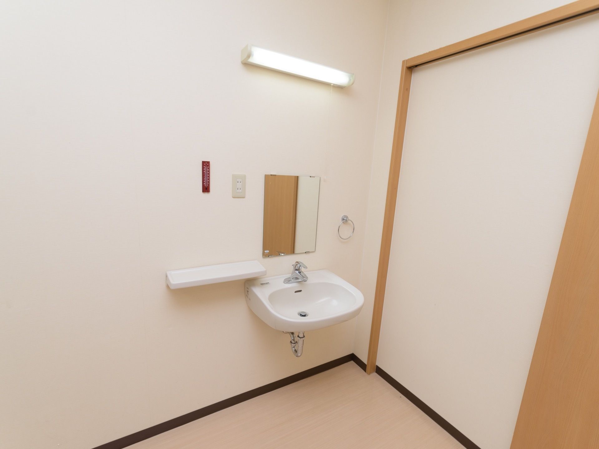 フットレス設計の洗面台が完備された居室である。壁には、棚や照明、鏡が設置されている。引き戸が出入り口の扉として採用されている。