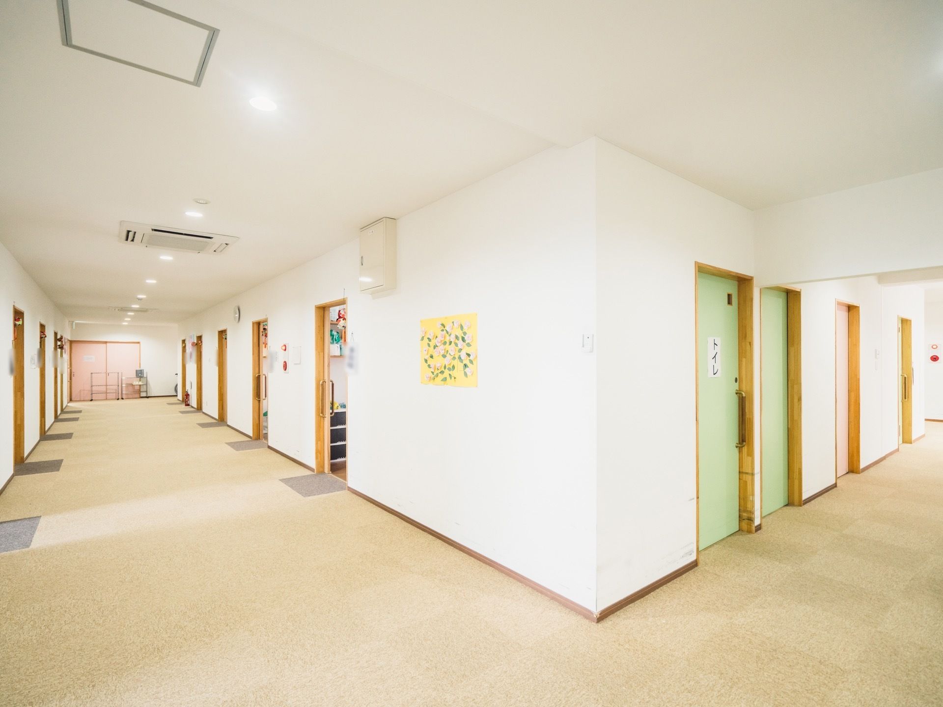明るい共用廊下である。幅員に余裕を持たせており、入居者様同士の不意な衝突などを未然に防止することができる。