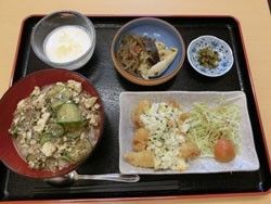 施設内の食事は、入居者様に楽しんでいただくために、煮物や揚げ物など色々な調理方法で献立を考えている。