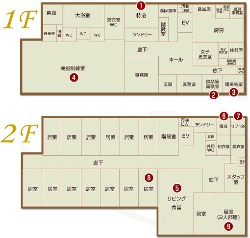 介護付有料老人ホーム 四つ葉のクローバー桜井の1～2Ｆのフロアマップ