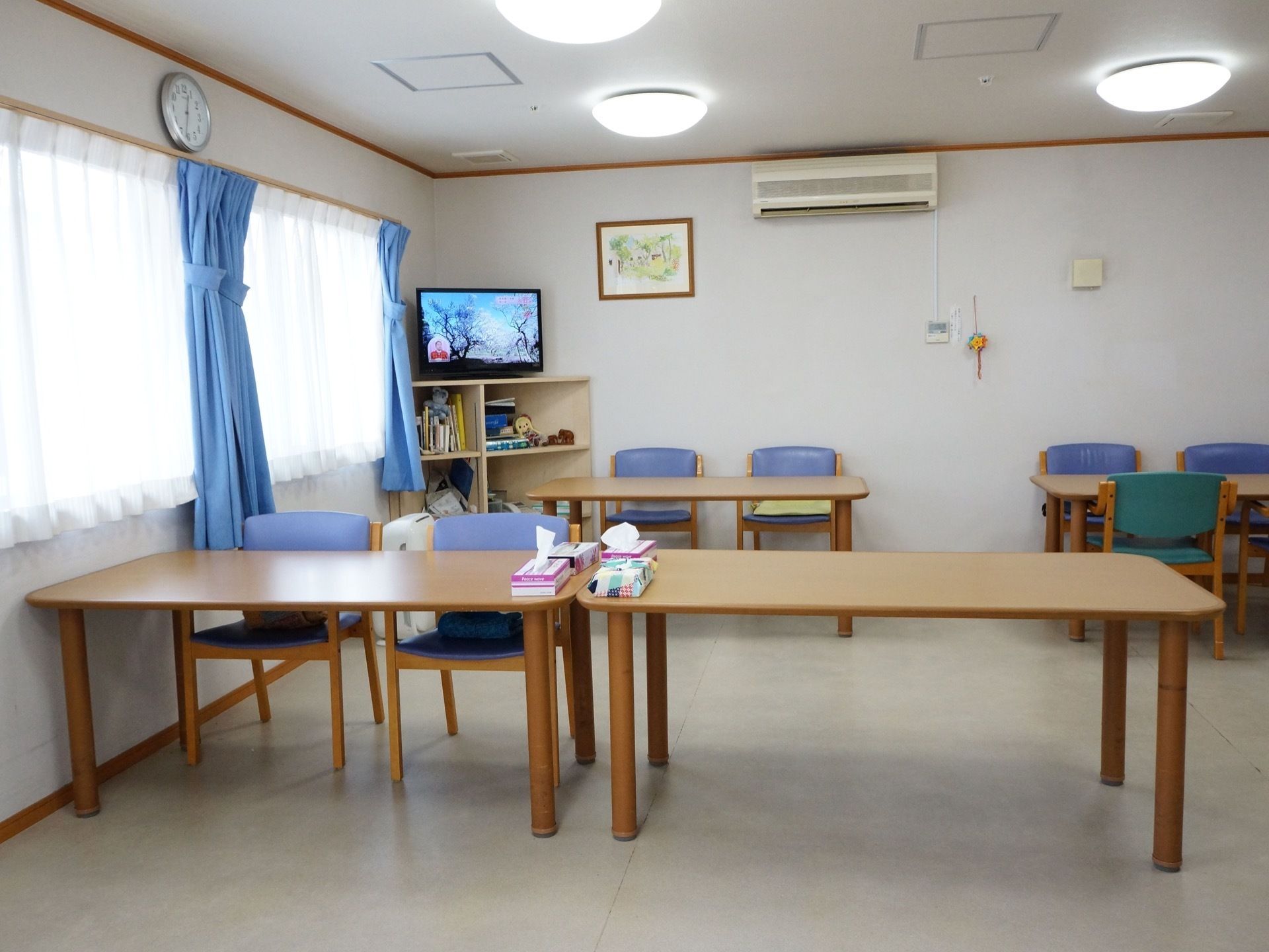 部屋の隅にテレビが設置されている。木の棚には、たくさんの本とぬいぐるみが入っている。テーブルには、箱ティシュが準備されている。